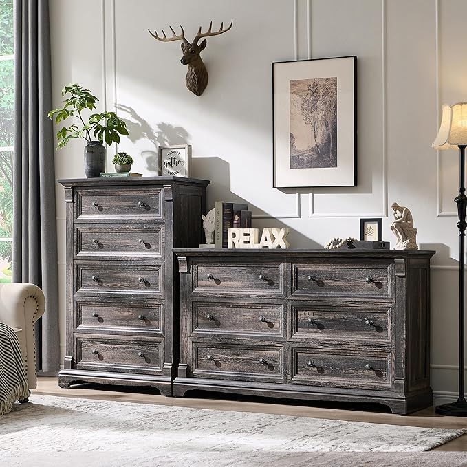 Farmhouse 6 Drawers Dresser for Bedroom, 54" Wide Large Dressers & Chests of Drawers w/Roman Column, Wooden Dresser TV Stand with Large Drawers for Nursery Bedroom Living Room Hallway,Dark Rustic Oak