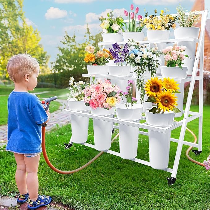 PROLEE Flower Display Stand with 12 Buckets, Flower Cart 3 Layers, Flower Stand Metal with Wheels, Moving Florist Bouquet Shelf, Triangular Rack, White