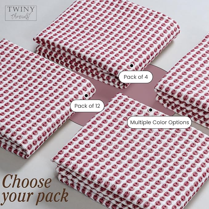 TWINY threads 4 Pack Circle Waffle Kitchen Towels 16x26 Inch, 100% Cotton, Absorbent, Premium Quality, Thick, Waffle Texture Dishcloth Set, Ideal for Drying Dishes Washing, General Cleaning, Burgundy