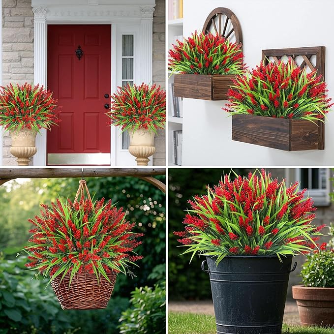 Ouddy Decor 24 Bundles Artificial Flowers for Outdoors, Fake Lavender Flowers Monkey Grass Faux Plastic Plants Shrubs UV Resistant for Porch Garden Window Box Office Home Decorations, Red