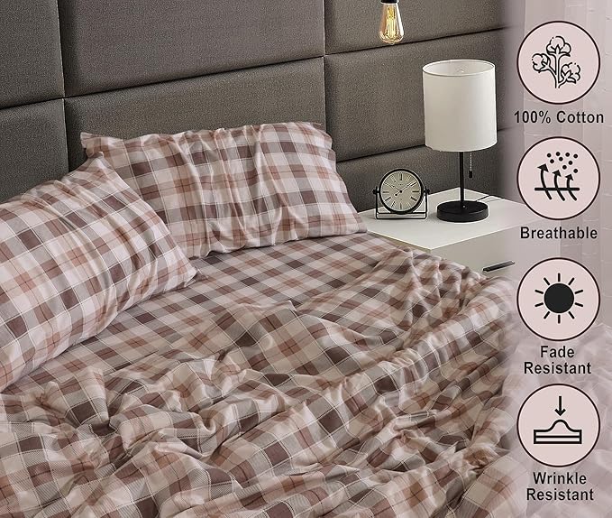 RUVANTI Flannel Sheets Twin XL Size - 100% Cotton Double Brushed Twin XL Sheet Sets, Deep Pockets 16 Inches, All Seasons Breathable & Extra Soft Bed Sheets, Warm & Cozy, 3 Piece, Beige & Grey Plaid