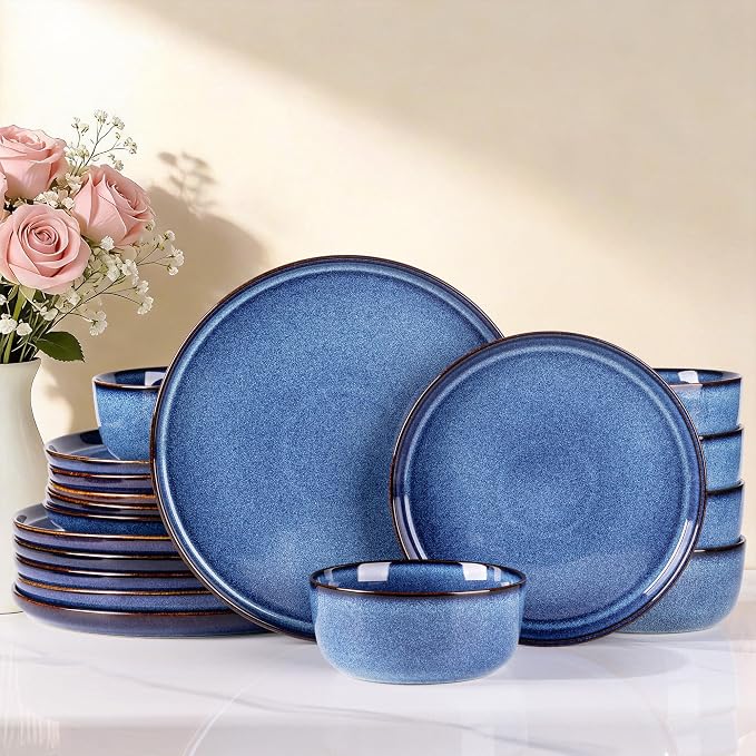 GBHOME Dinnerware Sets for 4, 12 Pieces Stoneware Plates and Bowls Sets, Scratch Resistant Ceramic Dishes, Dishwasher & Microwave Safe, Reactive Glaze-Sea Blue