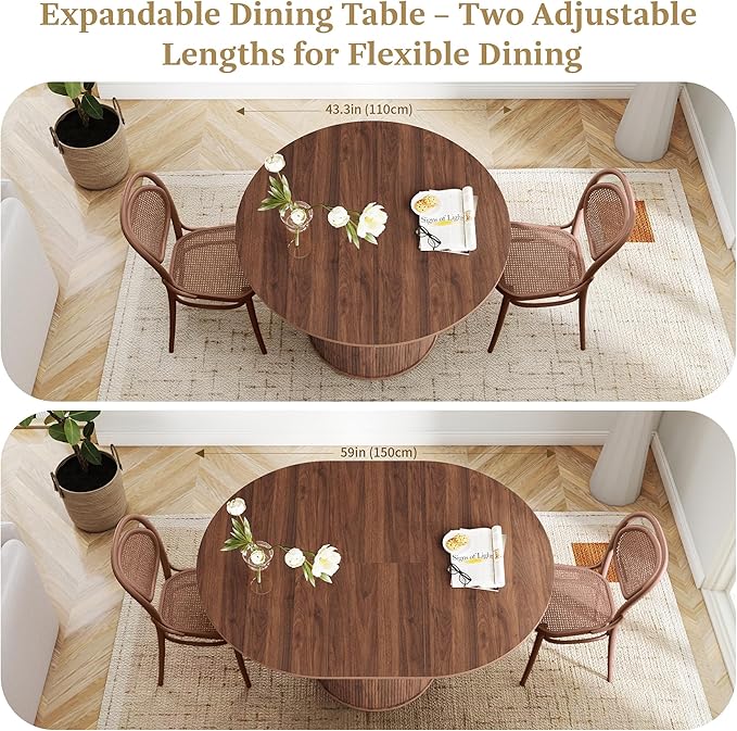 weselon 43"-59" Extendable Round to Oval Dining Table with Hidden Storage, Modern Wooden Kitchen Table with Fluted Sliding Door Cabinet, Expandable Dinner Table for Dining Room Living Room (Walnut)