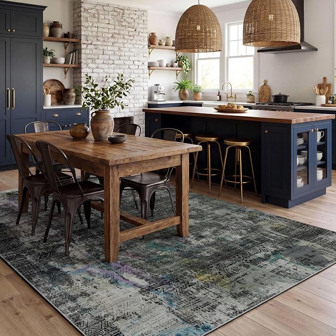 Kokia Abstract Area Rugs 8x10 Bedroom Soft Living Room Black-Gray Rugs Washable Distressed Vintage Comfy Carpet with Non-Slip Backing for Farmhouse Home Office Room Decor