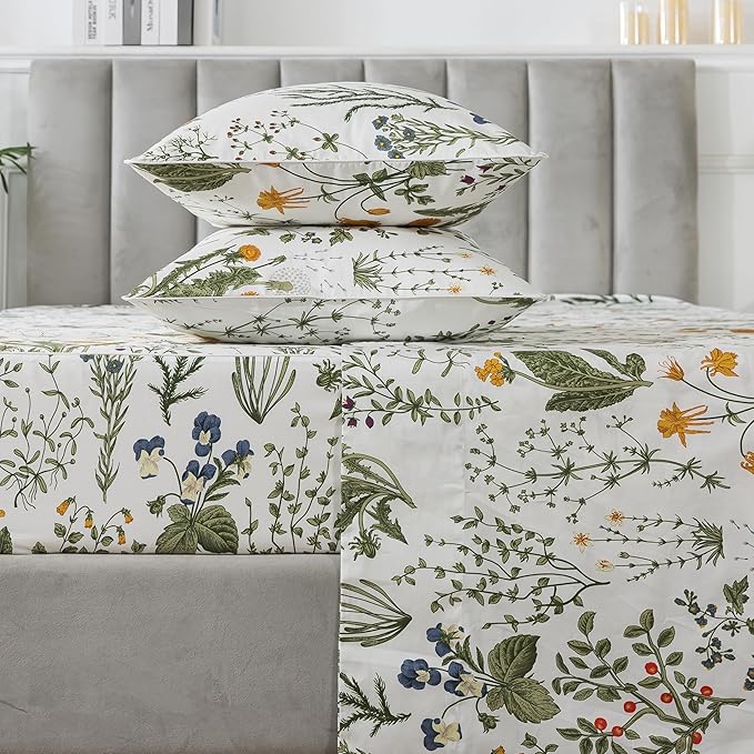 FADFAY 100% Egyptian Cotton Sheets Queen Botanical Printed Floral Sheets Yellow Flowers & Leaves Pattern Farmhouse Bedding Soft and Breathable French Country Bedding 4Pcs Deep Pocket Queen Sheet Set