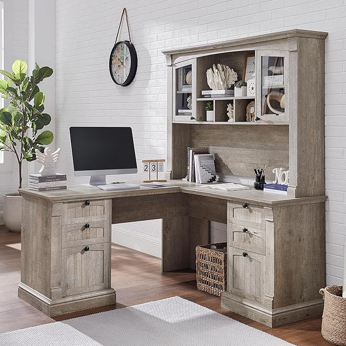 OKD 60" L Shaped Executive Desk with Hutch and Drawers, Farmhouse Home Office Desk with Charging Station, File Cabinet Storage, Wood Corner Computer Desk for Work and Study, Light Rustic Oak