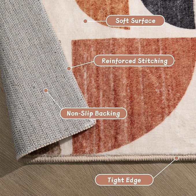 MUJOO Round Rugs 9ft,Circle Area Rug Washable,Circular Rugs for Living Room Dining Room,Large Boho Non Slip Throw Floor Carpet Modern Abstract Bohemian Terracotta