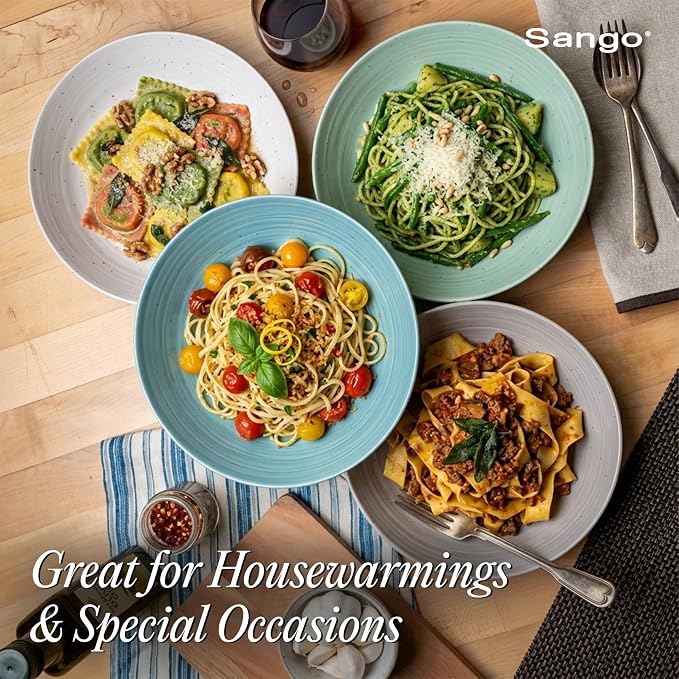 Sango Siterra Artist's Blend Stoneware Pasta Bowls (Set of 4) Multi Assorted Colors– Featuring Soft Gray, Blue, Green, and Ivory, for Everyday Dining & Entertainment, Microwave & Dishwasher Safe