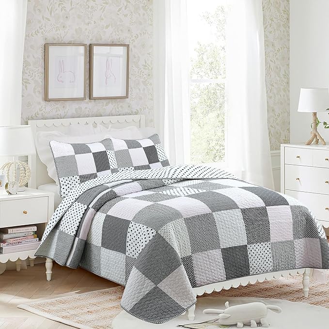 Cozy Line Home Fashions Black White Pink Polka Dots Striped Star Girl 100% Cotton Reversible Quilt Bedding Set, All-Season Coverlet Bedspread (Black Pink, Twin - 2 Piece)