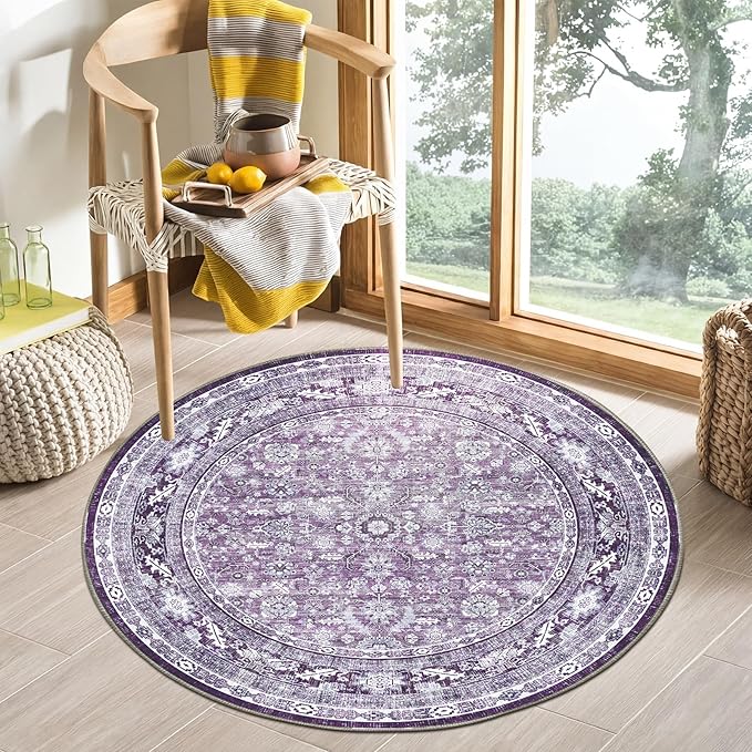 OPPODREAM Vintage Purple Round Rug 3ft, 3 ft Retro Washable Circle Rug Non Slip, Low-Pile Faux Wool Circular Carpet, Distressed Floor Mat for Living Room, Bedroom, Office, Dorm, Dinning Room