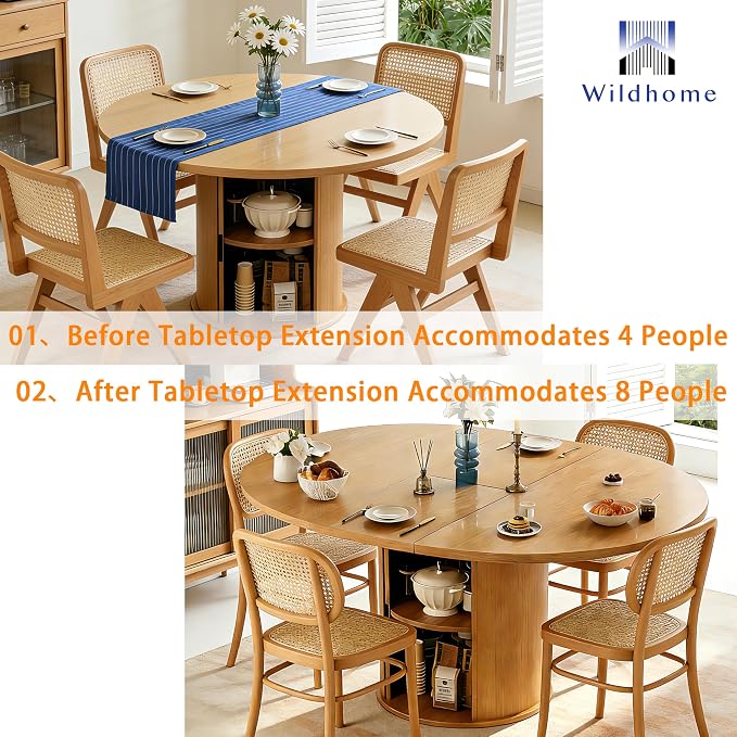 Wildhome Extendable Round Dining Table for 2-4-6, 59 Inch Dining Room Kitchen Table with 2-Tier Storage Shelf, Modern Farmhouse Fluted Wood Slide Door Dinner Furniture,Oval Circle,Oak