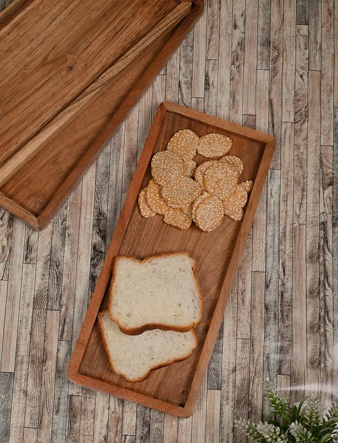 NIRMAN Acacia Wood Rectangular Wooden Platters for Home Decor, Food, Vegetables, Fruit, Charcuterie, Appetizer Serving Tray (13" x 5.5" x 0.75") (Set of 3)