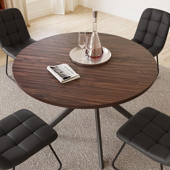 HIPIHOM 45.3 Inch Round Dining Table Set for 4, Mid Century Modern MDF Coffee Set for Dining Room Kitchen Apartment (Dark Walnut Table + 4 U-Shaped Black Chairs)