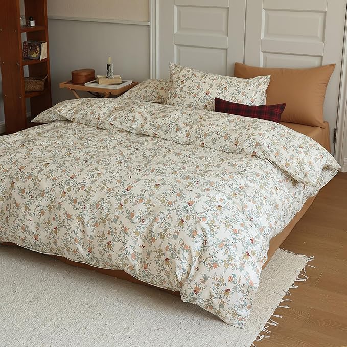 EAVD Vintage Style Botanical Floral Duvet Cover Full Soft Cotton Chic Floral Tree Branches Pattern Bedding Set with 2 Pillowcases Fresh Botanical Duuvet Covet with Zipper Closure