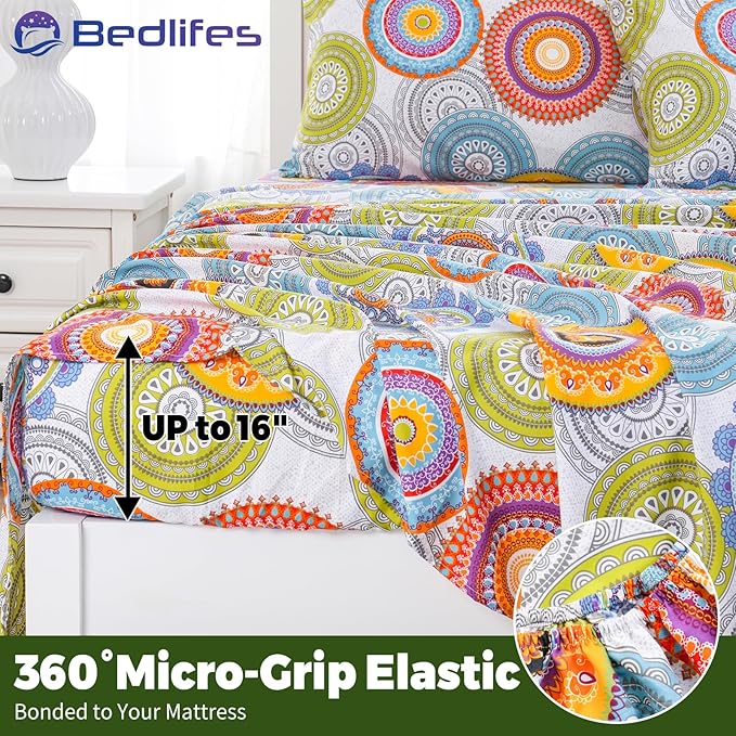 Bedlifes California King Floral 4-Piece Sheet Set - Cooling Sheets Blend Rayon Derived from Bamboo,Soft & Breathable, Deep Pocket 16", Wrinkle Resistant - Mandala Patterned