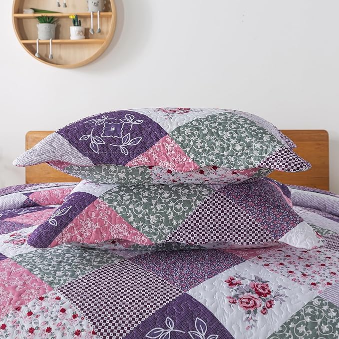 HoneiLife Quilt Sets King Size - 3 Pieces Microfiber Quilt Set Lightweight Bedspreads Reversible Coverlets Retro Bed Cover King Quilt Bedding Set All Season Quilts-Purple