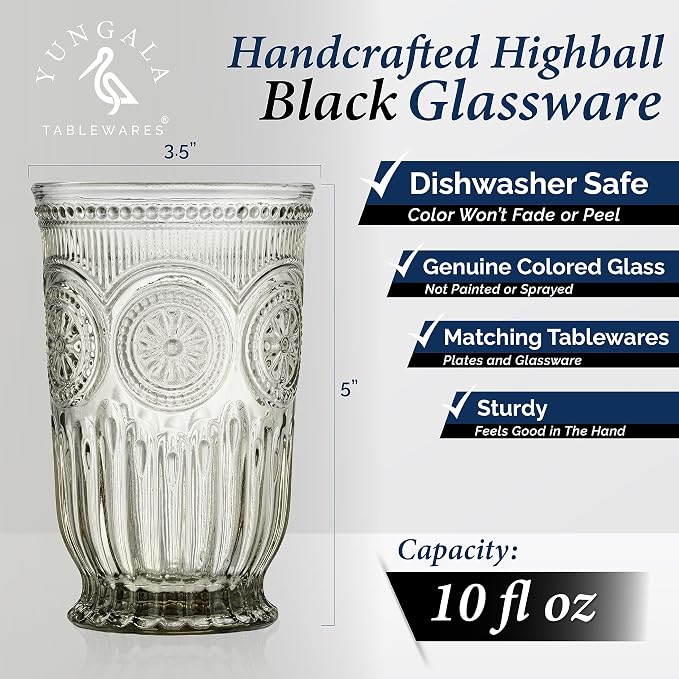 Smokey Black Highball Glasses Set of 6 —10 oz Tall Drinking Glasses