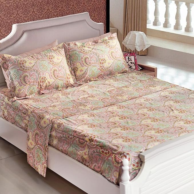 FADFAY 4 Piece Pink Paisley Bed Sheet Set Luxury Bedding Sets Designer Bedding Collections 800 Thread Count 100% Egyptian Cotton Deep Pocket King