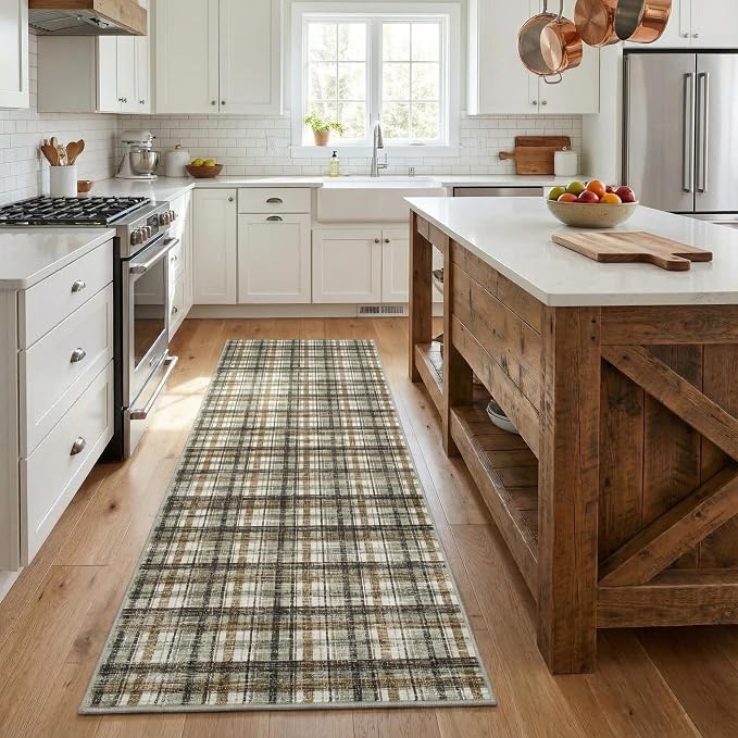 Washable Runners for Hallways 2x10 Rug Modern Bathroom Rugs Non Slip Kitchen Rugs Farmhouse Low Pile Entryway Rug Soft Stain Resistant Carpet for Laundry Hallway Bedside, 2'x10' Celadon&Coffee