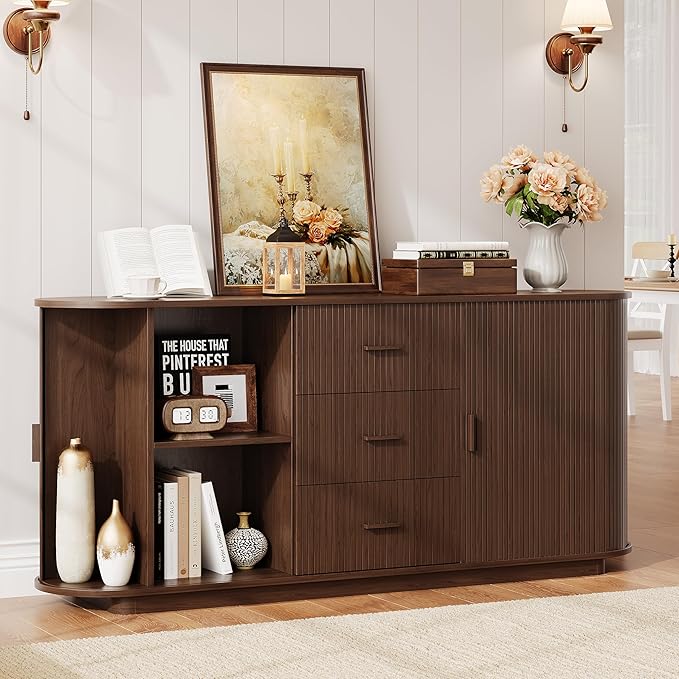 ONBRILL 63" Fluted Sideboard Buffet Cabinet with 3 Drawers & 2 Doors, Mid-Century Modern Buffet Sideboard Cabinet with Storage, Coffee Bar Table with Adjustable Shelf for Kitchen, Living Room, Walnut