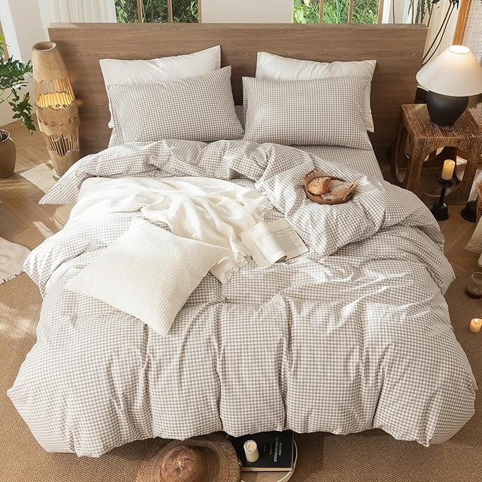 MooMee Gingham Duvet Cover Set 100% Washed Cotton Linen Like Textured Breathable Durable Soft Comfy Modern Checkered Design (Mini Gingham Tannish Linen Grey, Palatial King/Oversized King 120"x98")