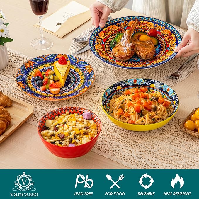 vancasso 24 Pieces Plates and Bowls Set, Bohemian Style Dinnerware Sets Service for 6, Porcelain Boho Dishes Set for Kitchen, Housewaring Gift, Dishwasher and Microwave Safe, Series KRVI