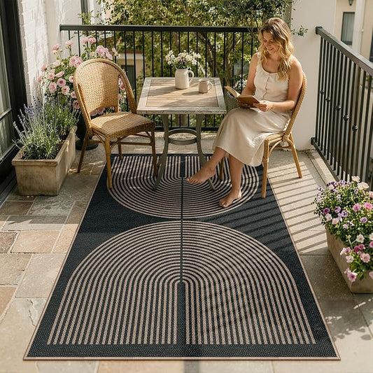 Lahome Enfys Modern Rainbow Easy Jute Outdoor Patio Rug, 3x5 Black Washable Rugs for Entryway Office Farmhouse Classroom Carpet, Contemporary Non Slip Front Door Mat for Porch Guestroom Room Decor