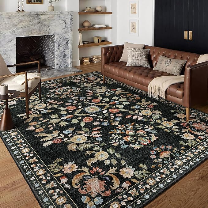 MUJOO Black Rug 6x9,Washable Floral Rugs for Living Room Bedroom Dining Room,Boho Indoor Floor Rug Large Non Slip Throw Carpet Low Pile Vintage