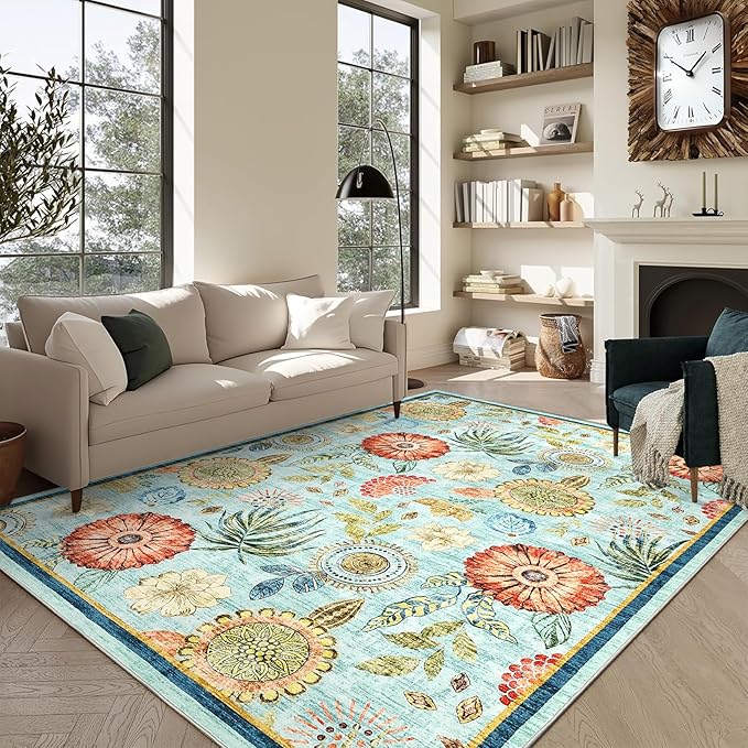 Washable 9x12 Vintage Floral Area Rug Non Shedding Living Room Large Carpet Non Slip Modern Botanical Solid Indoor Carpets Low Pile Floral Rug Soft Thin Mat for Classroom Dining Room, Blue