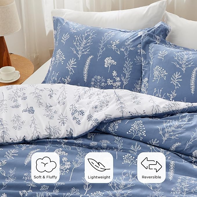 Bedsure Queen Comforter Set - Infinity Blue Bed Set, 3 Pieces Cute Floral Bedding, 1 Soft Reversible Botanical Flowers Comforter and 2 Pillow Shams