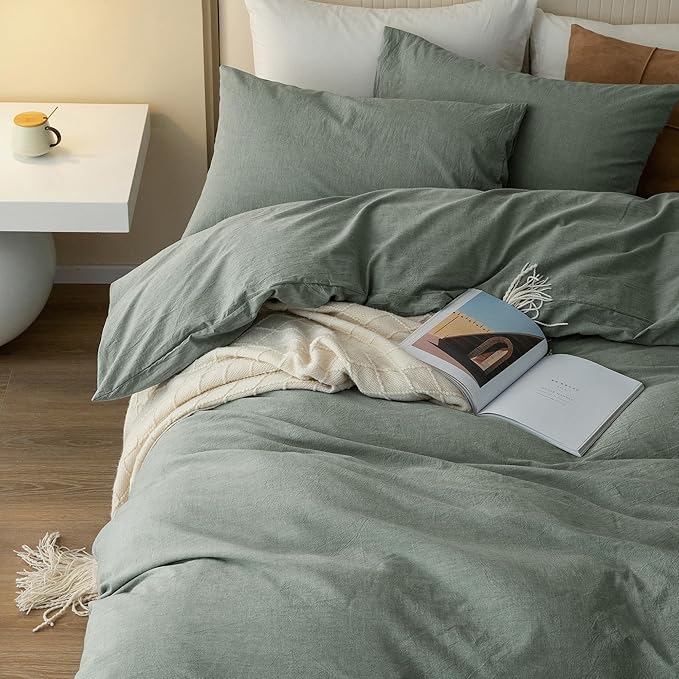 JIYUAN 100% Washed Cotton Duvet Cover Set 3 Pieces Oversized King, 1 Duvet Cover 120x98 Inches(Comforter Not Included) and 2 Pillowcases,Linen Feel Bedding Set Comfy and Breathable, Heathered Green