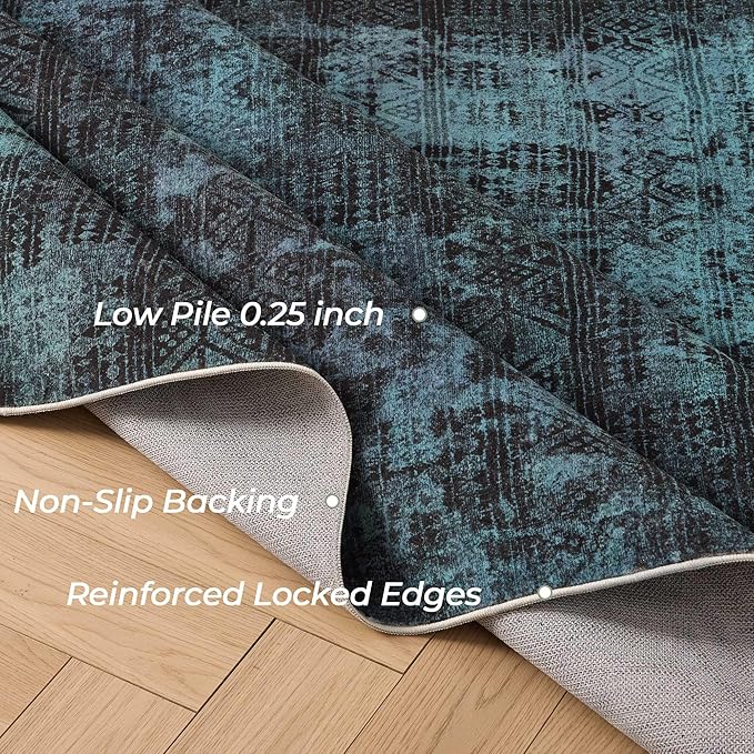 Kokia Abstract Area Rugs 9x12 Bedroom Washable Decor Low Pile Non-Slip Non-Shedding Indoor Deep Teal Carpet Foldable Stain Resistant Floor Mat Living Room Dining Room, Ocean Teal