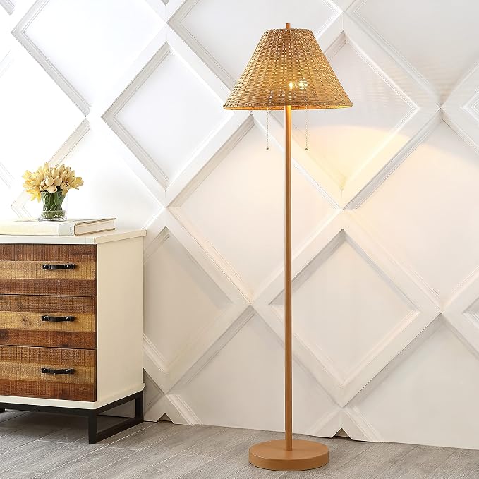 JONATHAN Y 61" Brown Wood Finish 2-Light Coastal Bohemian LED Floor Lamp for Living Room, Brown Rattan Shade, Mid-Century Modern Tall Standing Lamp, Pull-Chain, LED Bulbs Included JYL3092A