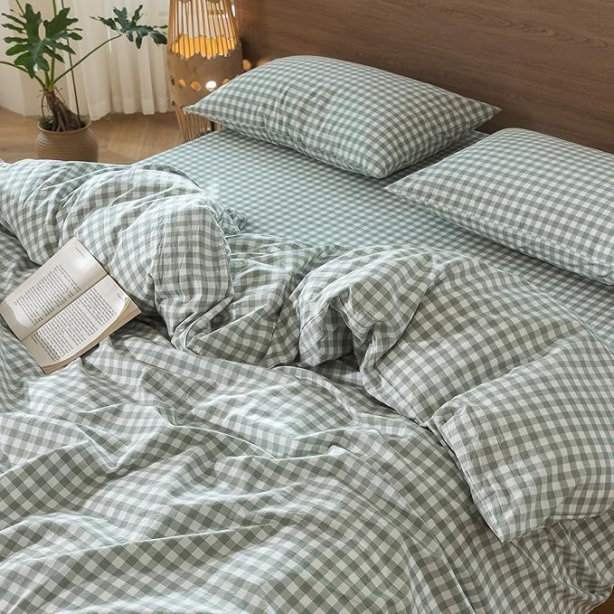 MooMee Gingham Duvet Cover Set 100% Washed Cotton Linen Like Textured Breathable Durable Soft Comfy Modern Checkered Design (Sage Green Gingham, Super Queen 90"x98")