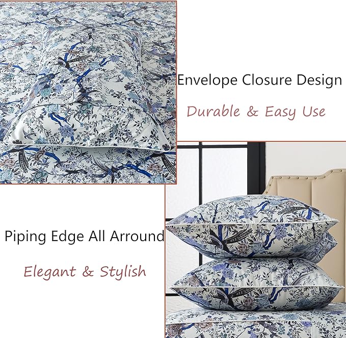FADFAY Sheets Set Twin XL Botanical Bird Floral Bed Sheets Set Vintage Blue Farmhouse Bedding Shabby Branches Bedding Collections 100% Egyptian Cotton Breathable Soft Deep Pocket 4Pcs, Twin XL Size
