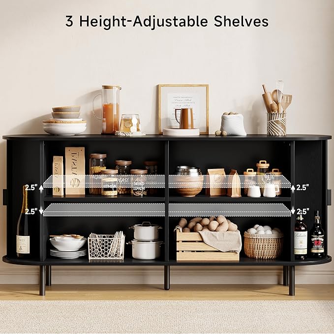 Buffet Sideboard Cabinet with Storage, 63" Fluted Cabinet with Sliding Door & Adjustable Shelf, Modern Accent Coffee Bar Console Table for Kitchen, Entryway, Black