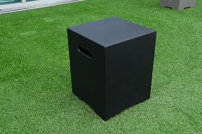 AMS Fireplace | Elementi Square Smooth Black 20 lbs Propane Tank Cover | Concrete GFRC Base | Dimensions: 15.7 x 15.7 x 20 inches | Perfectly Matches with Aurora Fire Pit Table.