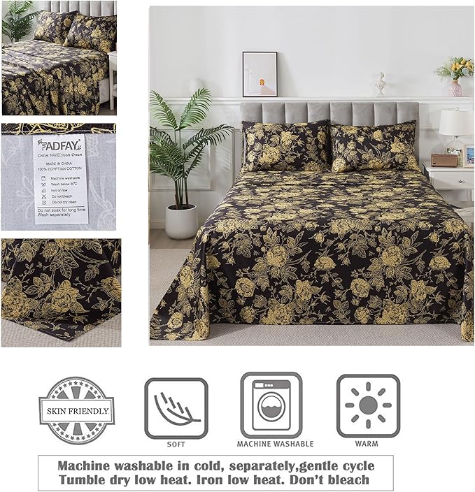 FADFAY Rose Sheets Set Full Vintage Black Gold Floral Bedding Shabby Peony Botanical Sheets Luxury Farmhouse Bedding 800 Thread Count 100% Egyptian Cotton Deep Pocket Fitted Sheet 4Pcs, Full Size