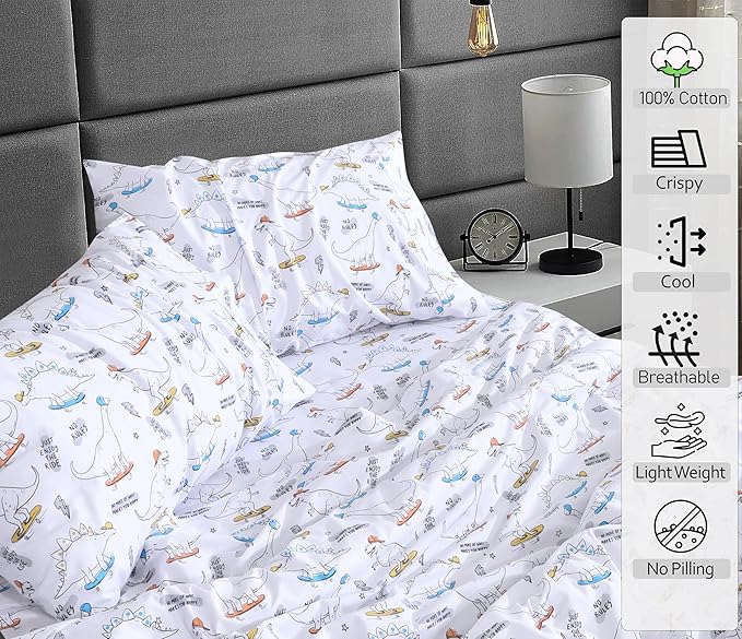 RUVANTI 100% Cotton Sheets Queen Size Set, 4 Pieces, Soft & Breathable Percale Weave Bedding, Deep Pocket 16", Hotel Standard, Crisp Cool Feeling, Durable, Perfect Floral Bed Sheet, Dino