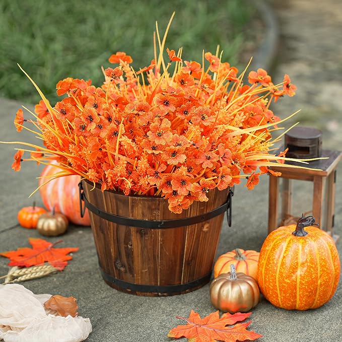 Der Rose 24 Bundles Fall Mums Artificial Flowers for Outdoor Fake Flowers Plants UV Resistant for Home Garden Porch Window Wedding Decor（Orange）