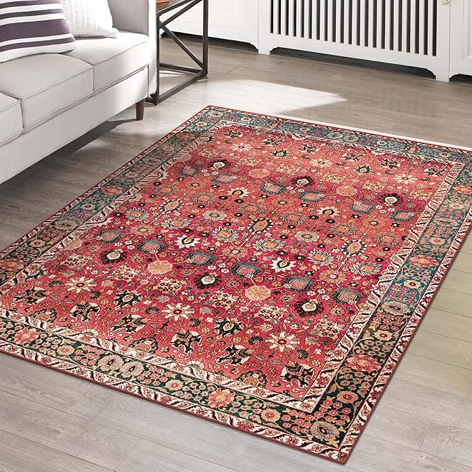 vivorug Washable Rug, Ultra Soft Area Rug 3x5, Non Slip Small Rug Carpet, Stain Resistant Rugs for Living Room Bedroom Entryway, Vintage Floral (Cherry Red/Spice, 3'x5')