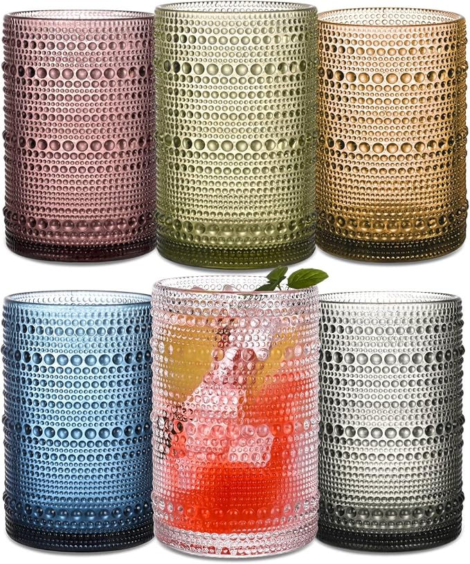 Colored Hobnail Drinking Glasses Set of 6, 15 oz Vintage Highball Glasses, Drinkware Kitchen Glasses for Cocktail, Iced Coffee, Beer, Ice Tea, Wine, Whiskey, Water