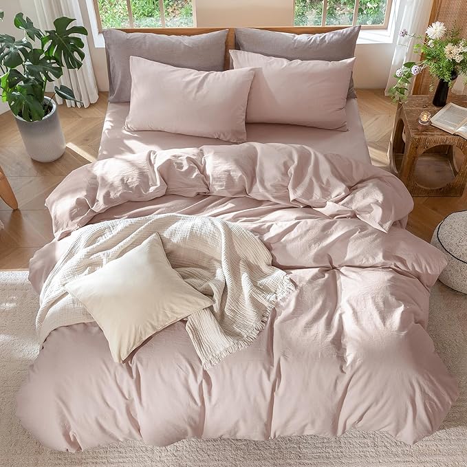 MooMee Bedding Duvet Cover Set 100% Washed Cotton Linen Like Textured Breathable Durable Soft Comfy (Heathered Greyish Pink, Queen 90"x90")