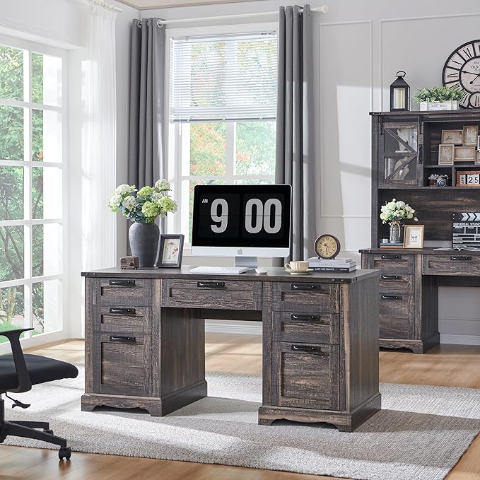 RedLemon 60" Farmhouse Executive Desk, Home Office Desk with Drawers, Charging Station, Keyboard Tray, File Drawer, Storage Cabinet, Wood Rustic Computer Writing Desk (Dark Rustic Oak)