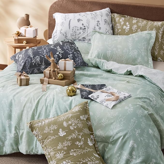 Bedsure California King Comforter Set - Sage Green Bed Set, 3 Pieces Cute Floral Bedding, 1 Soft Reversible Botanical Flowers Comforter and 2 Pillow Shams
