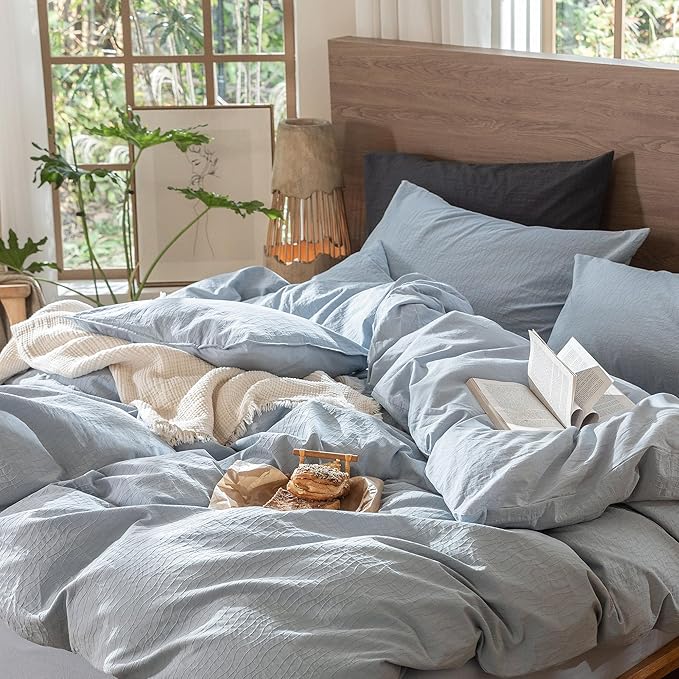 MooMee Wavy Striped Duvet Cover Set 100% Washed Cotton Linen Like Textured Breathable Durable Soft Comfy (Cornflower Blue, King 104"x90")