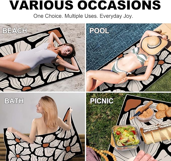 Boho Floral Beach Towel, Boho Floral Bathroom Decor, Retro Abstract Flower Oversized Bath Pool Swim Towels Blanket for Bathroom Travel Swimming Camping Sport, 30x60 Inch
