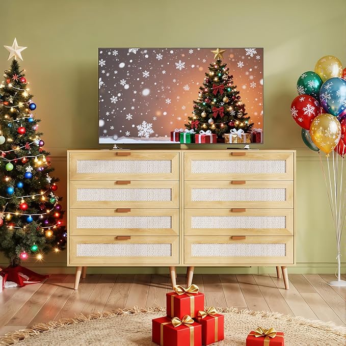 WLIVE Rattan Dresser for Bedroom, 4 Drawer Wooden Boho Dresser Storage with Gold Metal Handle, Chest of Drawers for Living Room, Closet, Hallway, Light Oak
