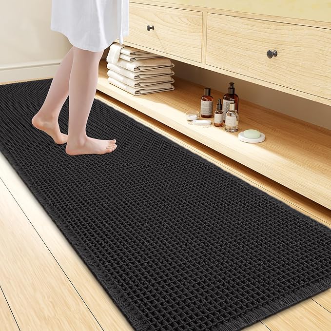Smiry Waffle Bath Mat 72x24, Extra Soft Absorbent Bathroom Rugs, Non Slip Machine Washable Quick Dry Bath Rugs for Bathroom Floor, Tub, Shower, Home Decor Accessories, Black