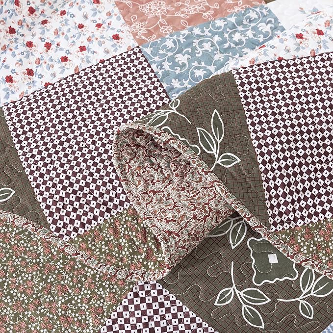 HoneiLife Quilt Set Twin Size - 2 Piece Microfiber Quilts Reversible Bedspreads Patchwork Coverlets Floral Bedding Set All Season Quilts- Splicing Mocha Rose